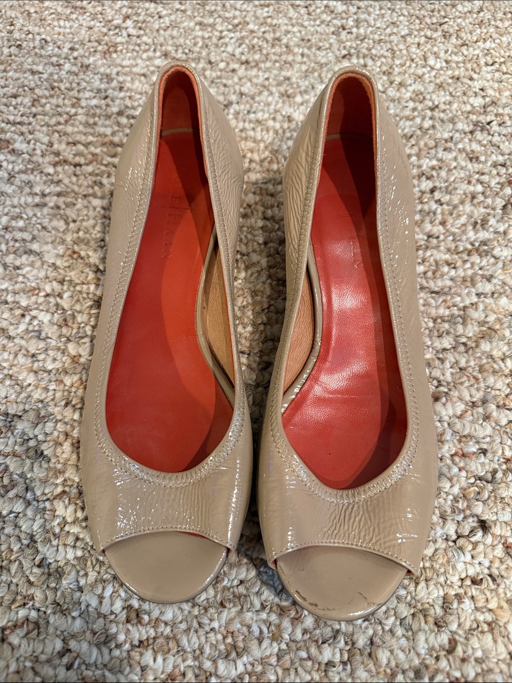 Cole Haan Nude Patent Peep-Toe Wedges